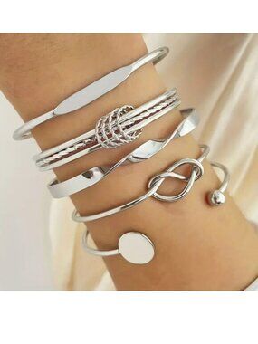 Bracelet Bangle Cuff 5pc Set Silver Alloy Knot Glam Layered Simple Chic Twisted